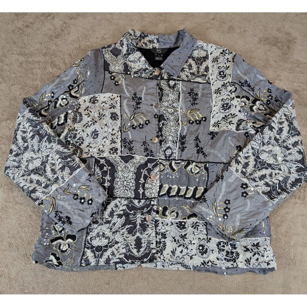 iOS Boho Patchwork‎ Embroidered Silk Button-Up Shirt L Black Gray Beaded India
